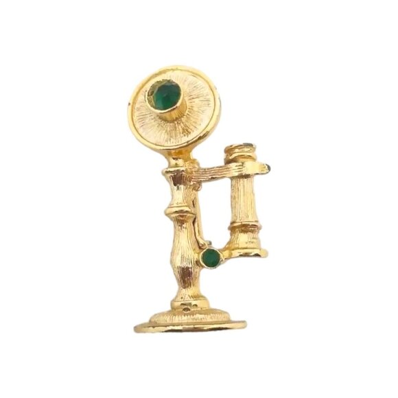 Vintage Gold-Toned Old Fashioned Rotary Telephone Brooch With Green Rhinestones - Picture 2 of 11